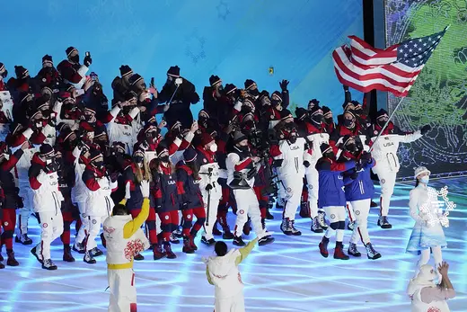 U.S. athletes walk during the Olympics opening cermony.