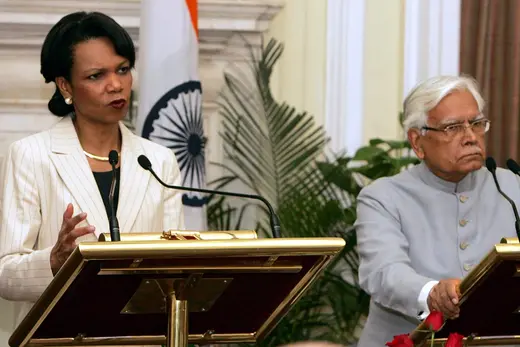Natwar Singh greets Condoleezza Rice.
