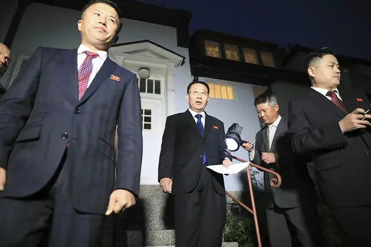 North Korea’s chief nuclear negotiator, Kim Myong-gil, speaks with reporters.