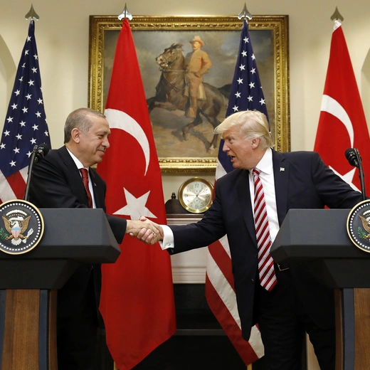 Turkish President Recep Tayyip Erdogan shakes hands with U.S. President Donald J. Trump in the Roosevelt Room of the White House, Washington, DC, on May 16, 2017.