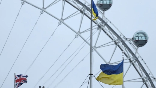 The Ukrainian national flag continues to fly from British government buildings, with the London Eye wheel seen behind, as peace discussions on Ukraine and Russia are due to take place in London, Britain, April 23, 2025.