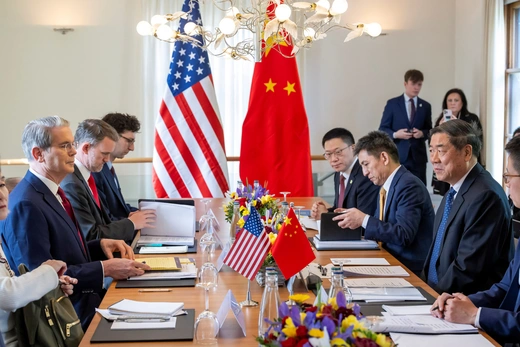 U.S. Secretary of the Treasury Scott Bessent, U.S. Trade Representative Jamieson Greer, China's International Trade Representative and Vice Minister of Commerce Li Chenggang, and Chinese Vice Premier He Lifeng, prepare to discuss on the day of a bilateral meeting between the U.S. and China, in Geneva, Switzerland, May 10, 2025.